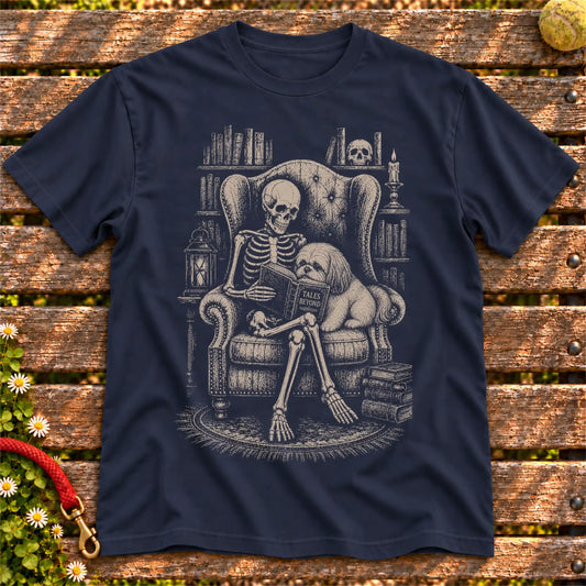 Shih Tzu Skeleton Reading Book on a Navy T-shirt, shown flat