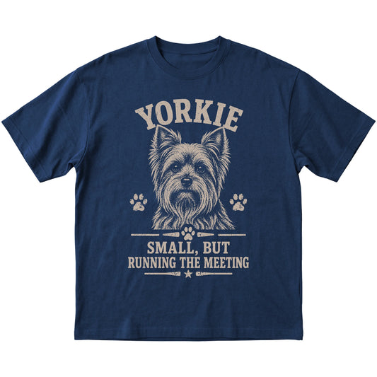 Navy T-shirt featuring Small, But Running The Meeting - Yorkie, laid-flat presentation