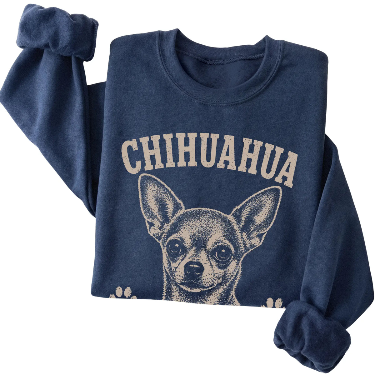 Navy crewneck sweatshirt featuring Small Package, Loud Opinions - Chihuahua, folded presentation