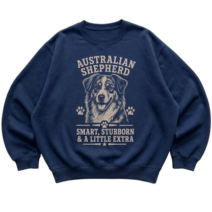 Navy crewneck sweatshirt featuring Smart, Stubborn & A Little Extra - Australian Shepherd, laid-flat presentation