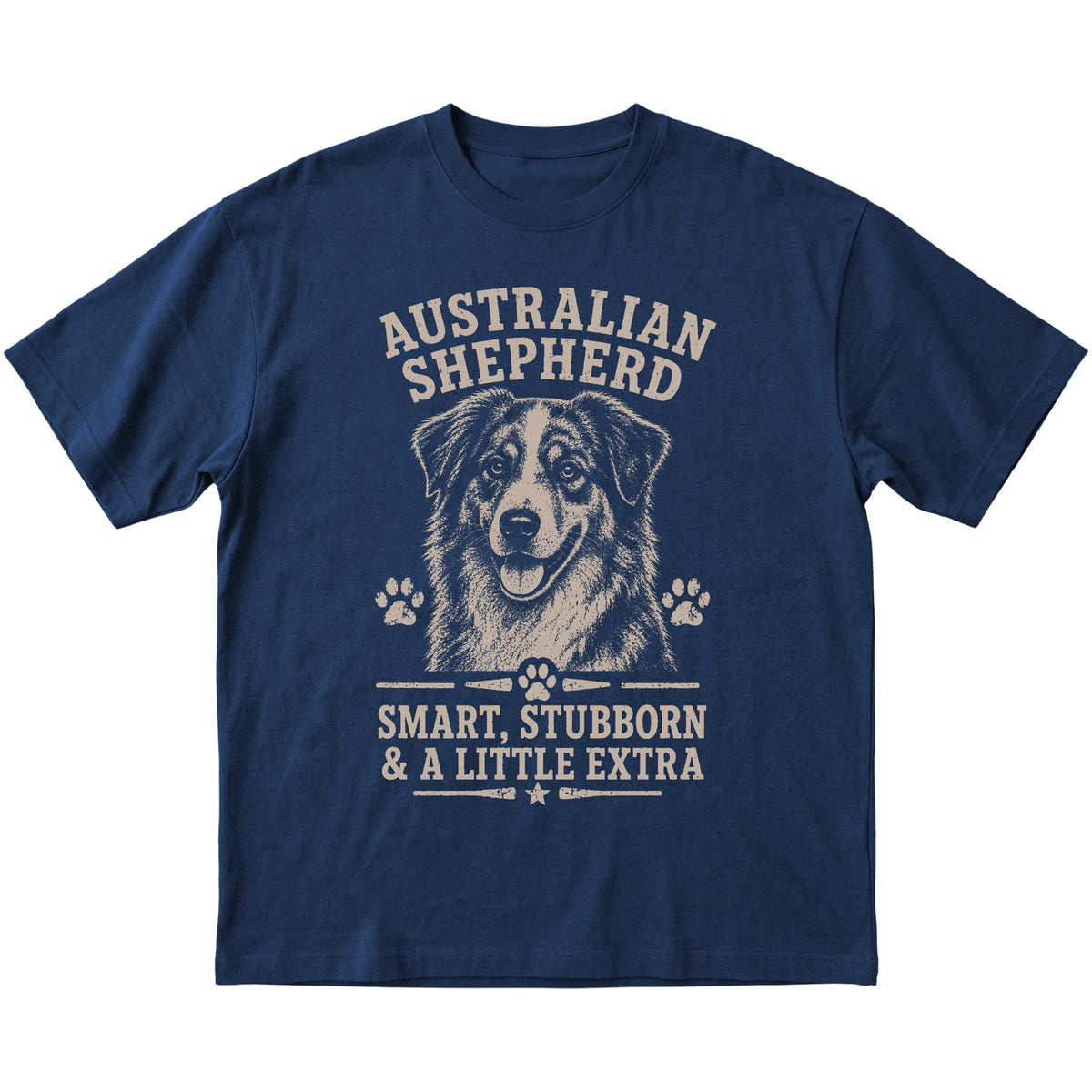 Navy T-shirt featuring Smart, Stubborn & A Little Extra - Australian Shepherd, laid-flat presentation