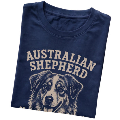 Navy T-shirt featuring Smart, Stubborn & A Little Extra - Australian Shepherd, folded presentation