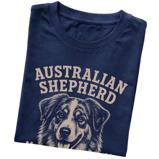 Navy T-shirt featuring Smart, Stubborn & A Little Extra - Australian Shepherd, folded presentation