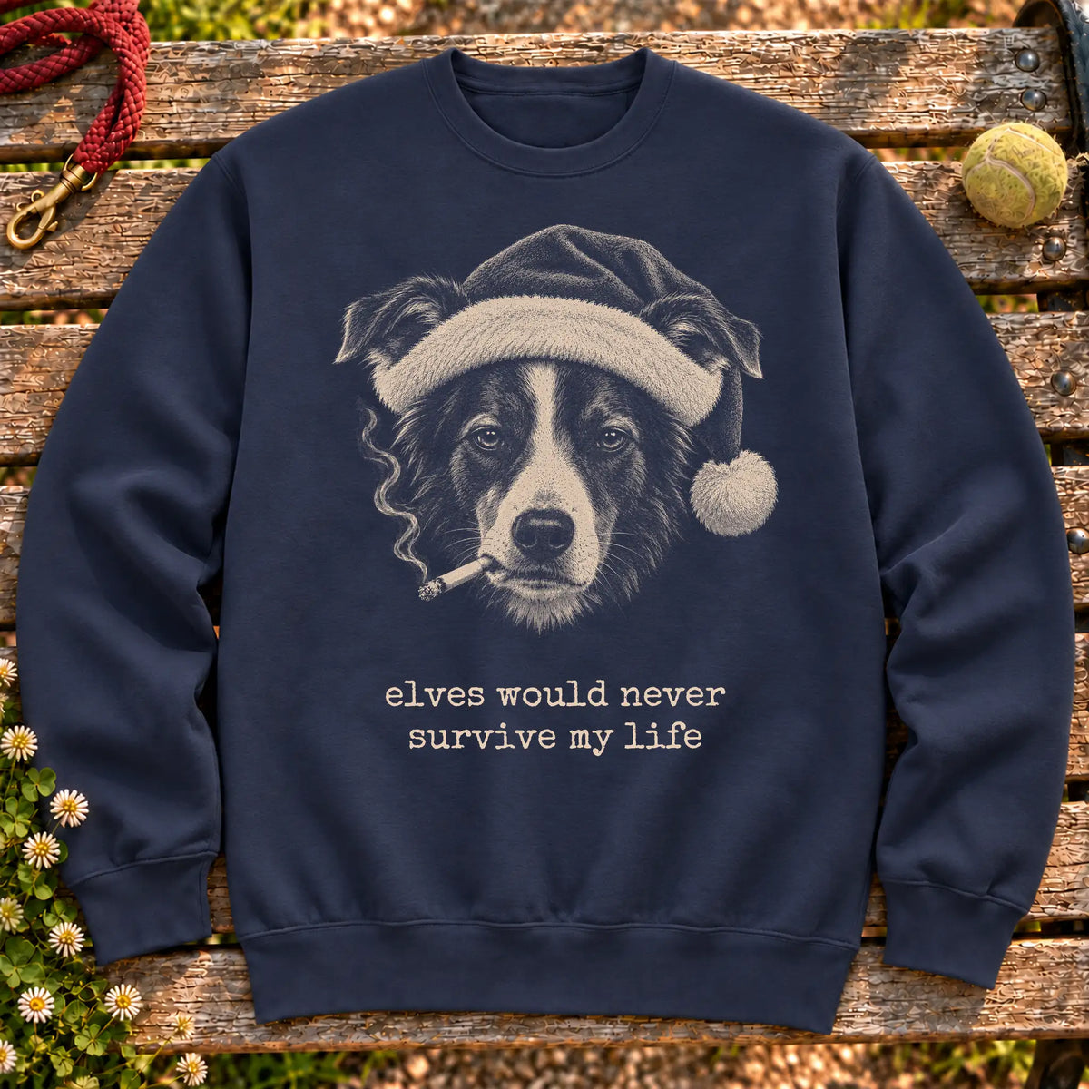 Border Collie wearing a Santa hat and smoking on a Navy sweatshirt