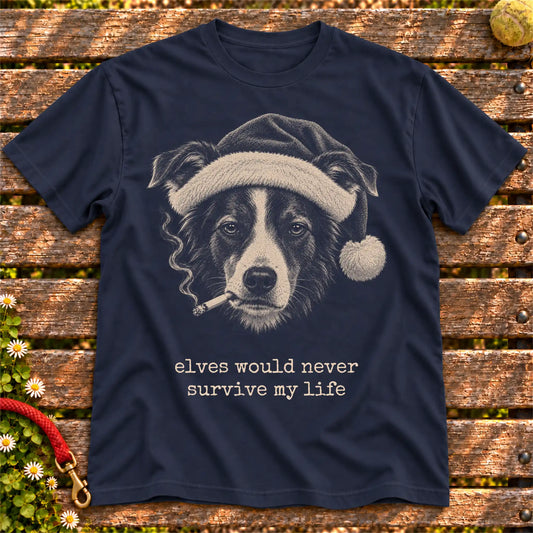 Border Collie wearing a Santa hat and smoking on a Navy T-shirt
