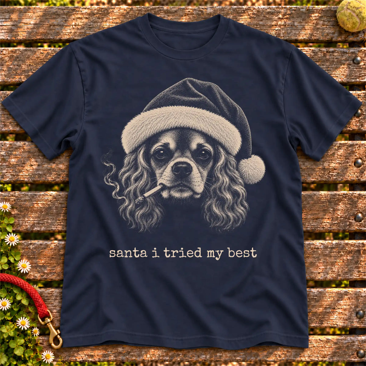 Cocker Spaniel wearing a Santa hat and smoking on a Navy T-shirt