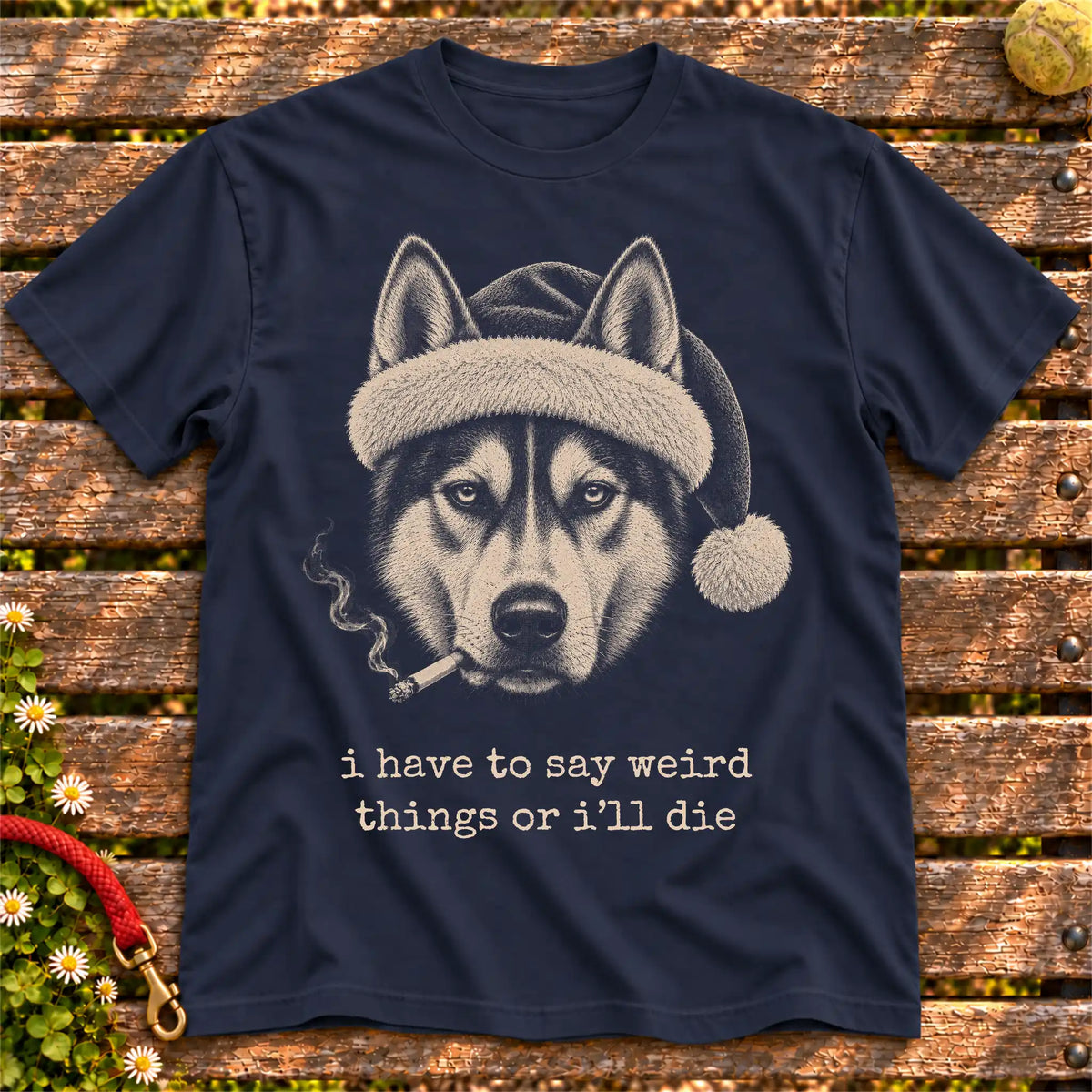 Husky wearing a Santa hat and smoking on a Navy T-shirt