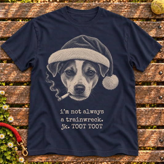 Jack Russell wearing a Santa hat and smoking on a Navy T-shirt