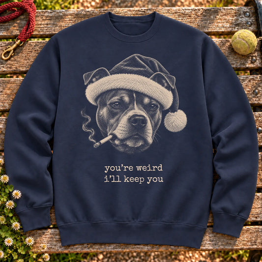Pitbull wearing a Santa hat and smoking on a Navy sweatshirt
