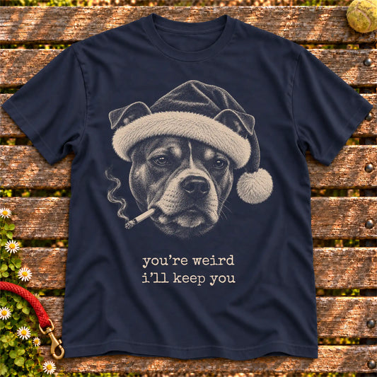 Pitbull wearing a Santa hat and smoking on a Navy T-shirt