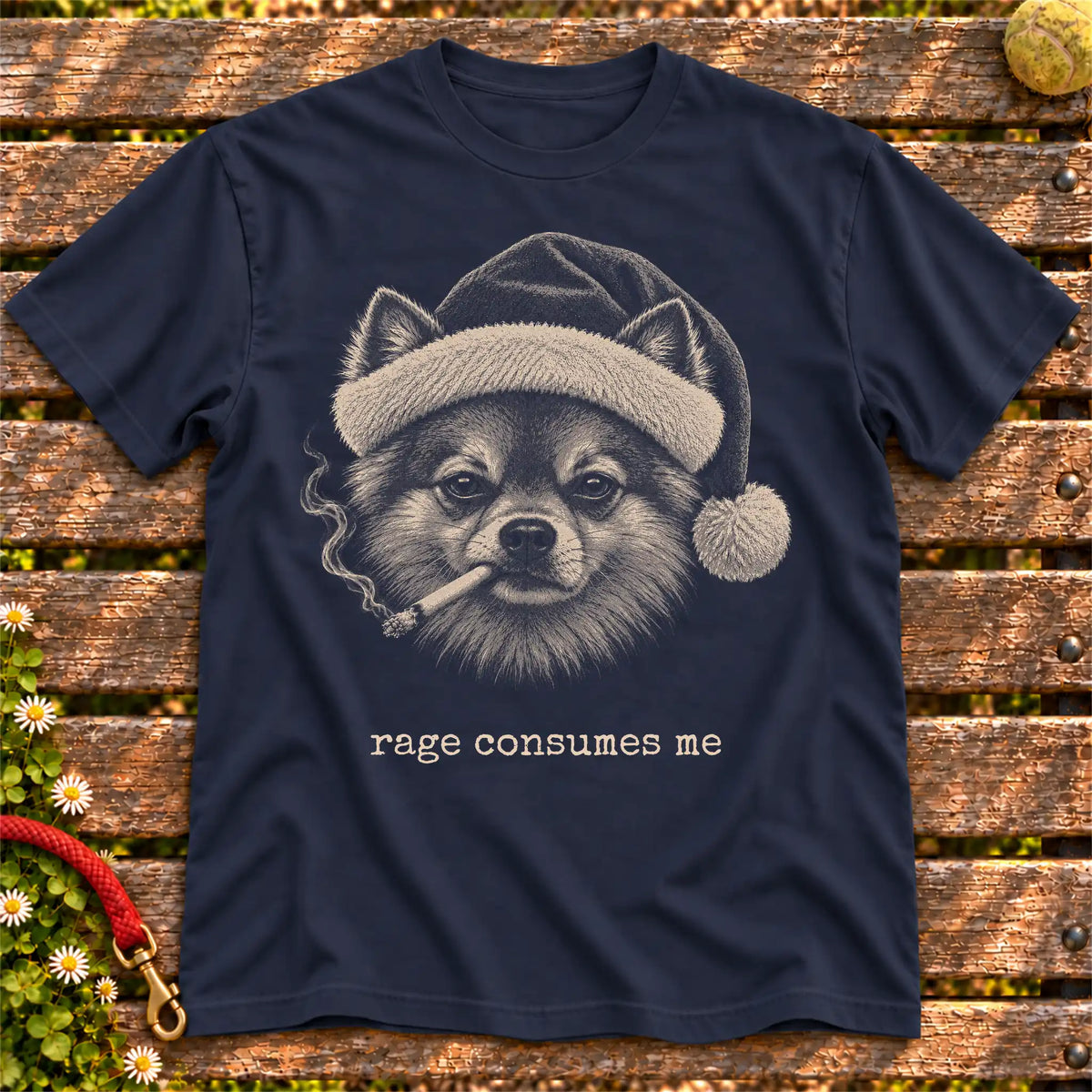 Pomeranian wearing a Santa hat and smoking on a Navy T-shirt