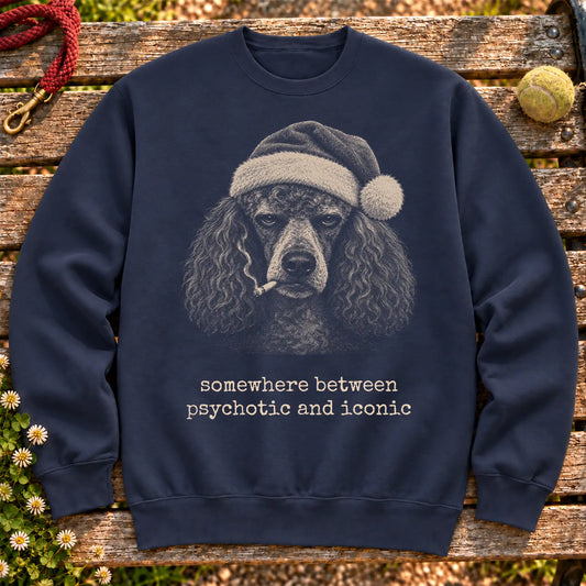 Poodle wearing a Santa hat and smoking on a Navy sweatshirt