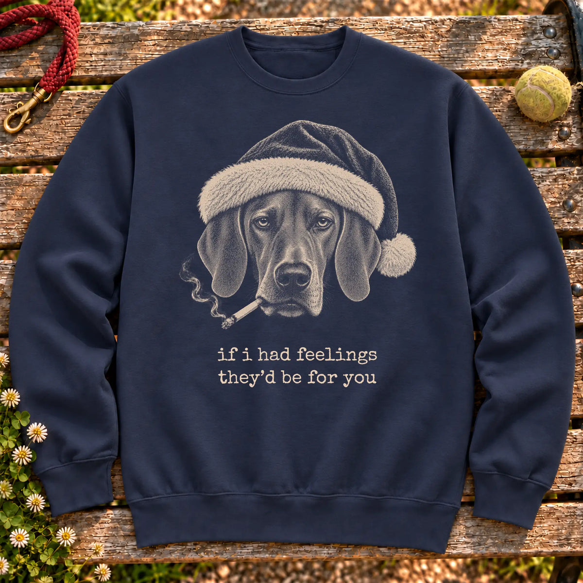 Vizsla wearing a Santa hat and smoking on a Navy sweatshirt