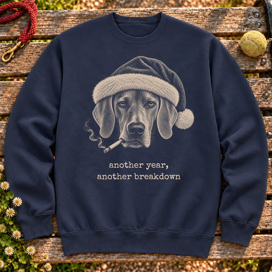 Weimaraner wearing a Santa hat and smoking on a Navy sweatshirt