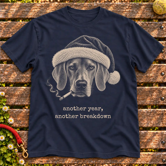 Weimaraner wearing a Santa hat and smoking on a Navy T-shirt
