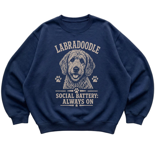 Navy crewneck sweatshirt featuring Social Battery - Always On - Labradoodle, laid-flat presentation