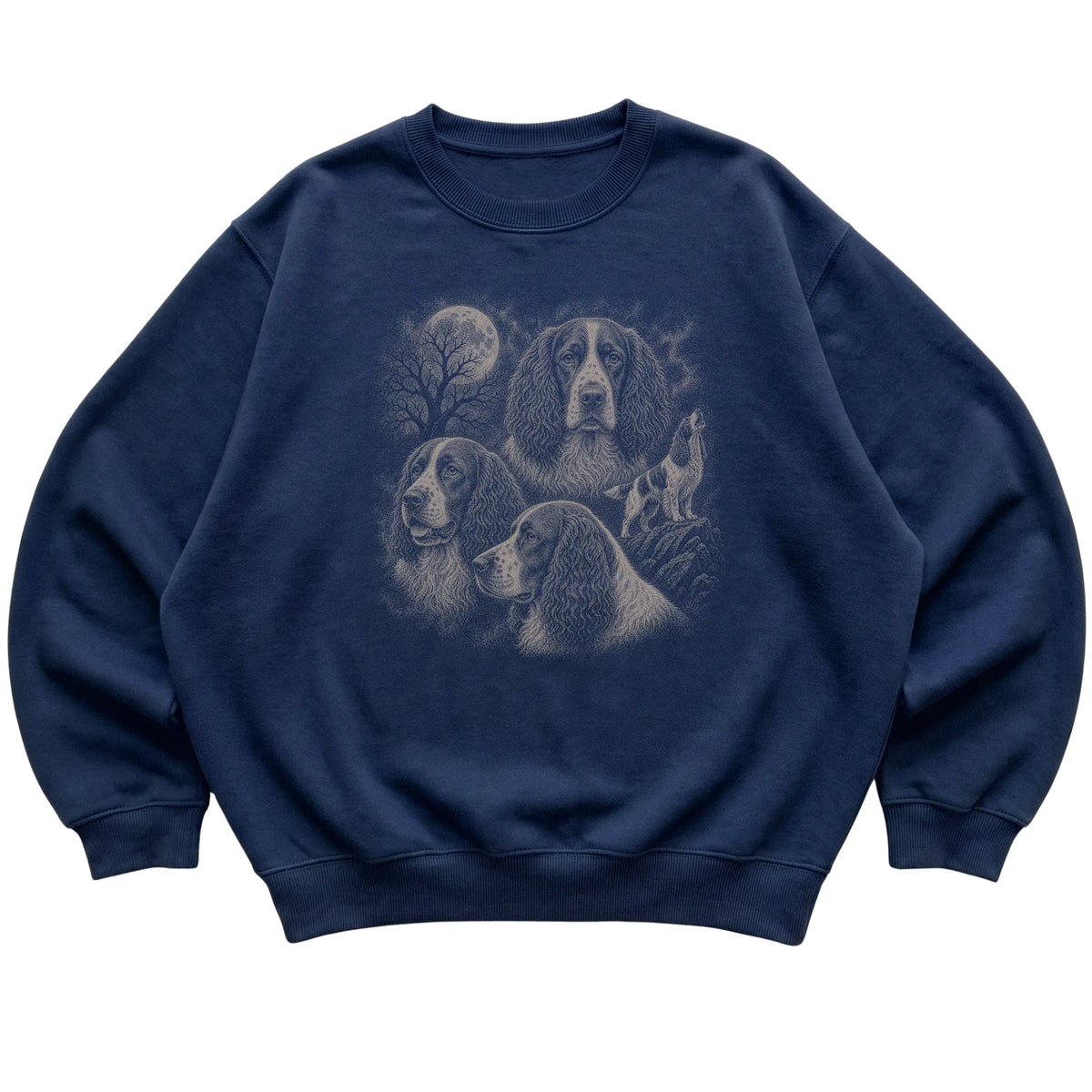 Springer Spaniel 90s Moon Sweatshirt in Navy — flat lay