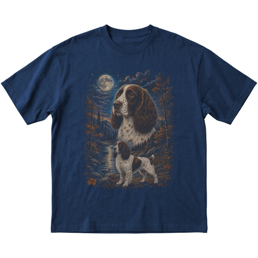 navy T-shirt with Springer Spaniel Autumn Moon artwork.