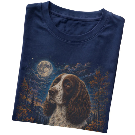 Folded navy T-shirt with Springer Spaniel Autumn Moon artwork.
