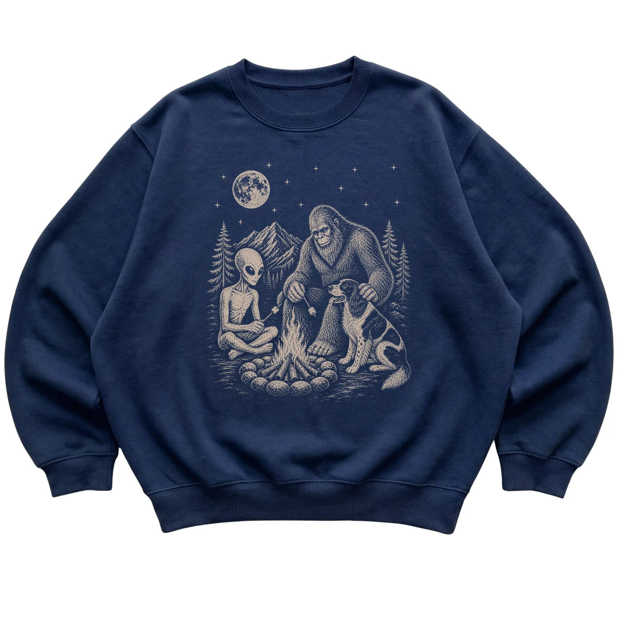 Navy Springer Spaniel Camping with Bigfoot and Alien shirt laid flat