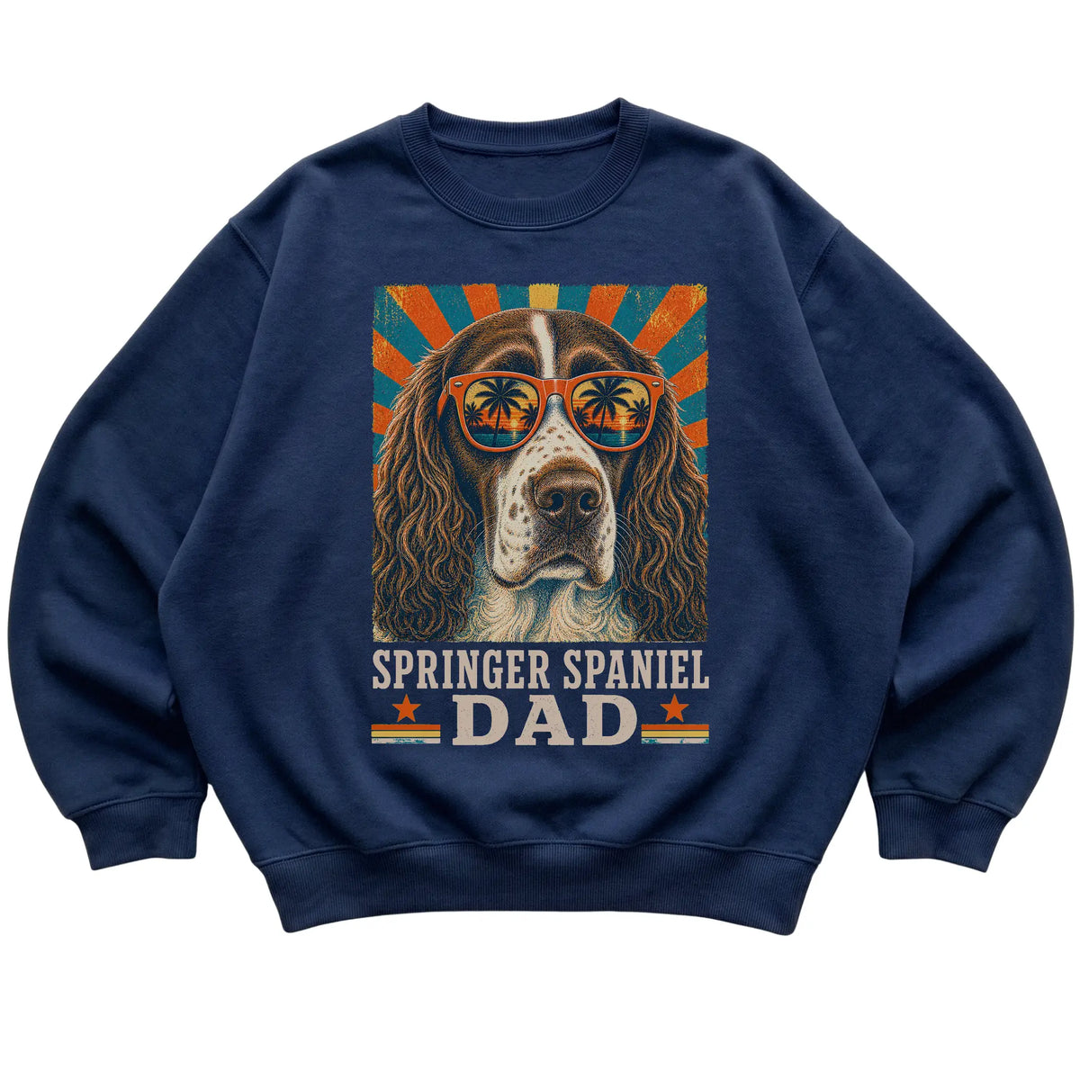 Retro Springer Spaniel Dad design on a Navy crewneck sweatshirt