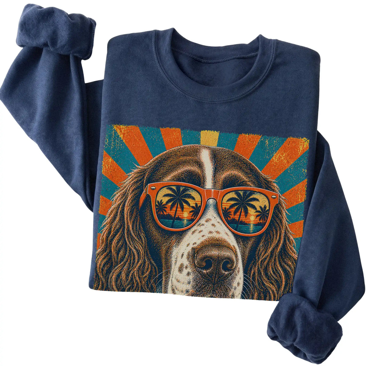 Folded Navy crewneck sweatshirt with a Retro Springer Spaniel Dad design