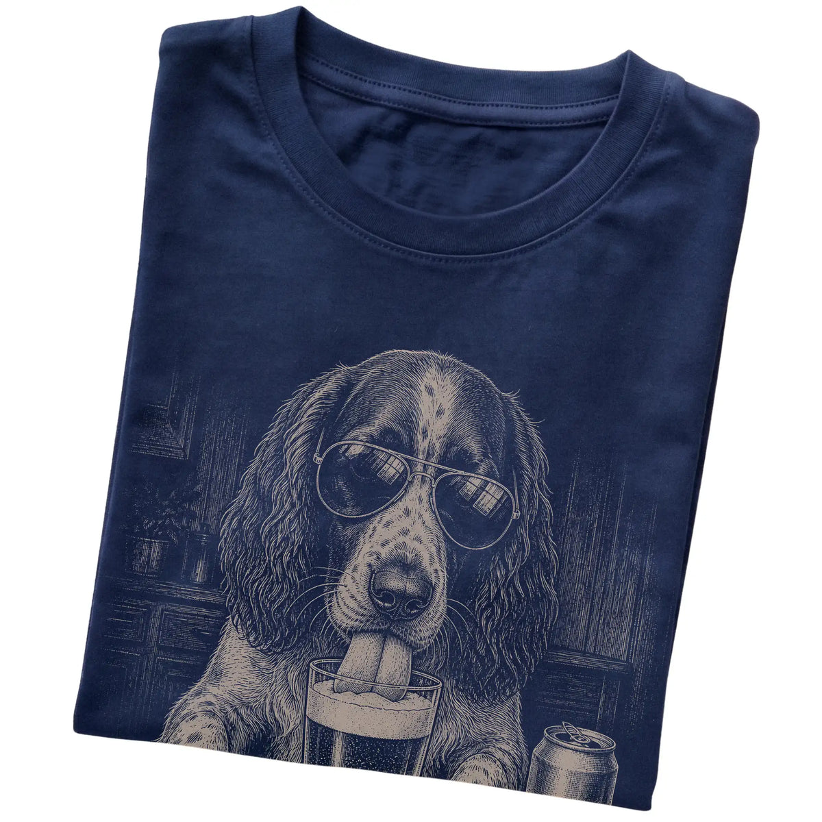 Navy Springer Spaniel drinking from a pint at a bar, folded detail view