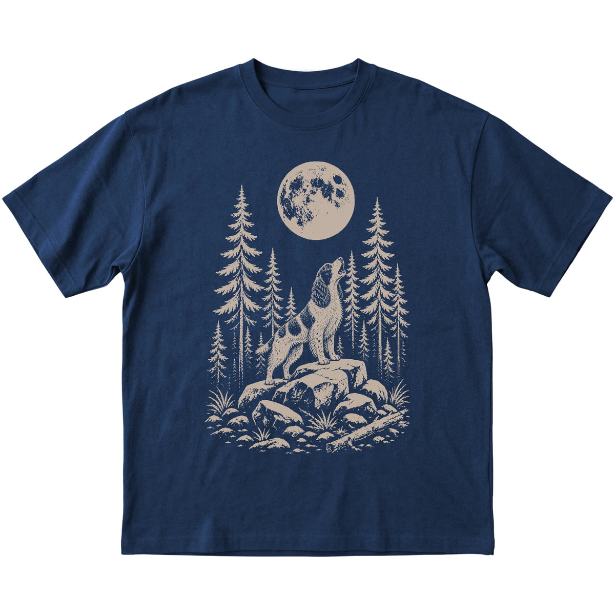 Close view of Springer Spaniel Howling at the Moon artwork on Navy softstyle T-shirt