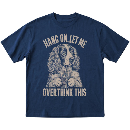 Navy T-shirt featuring Overthinking Springer Spaniel, laid-flat presentation