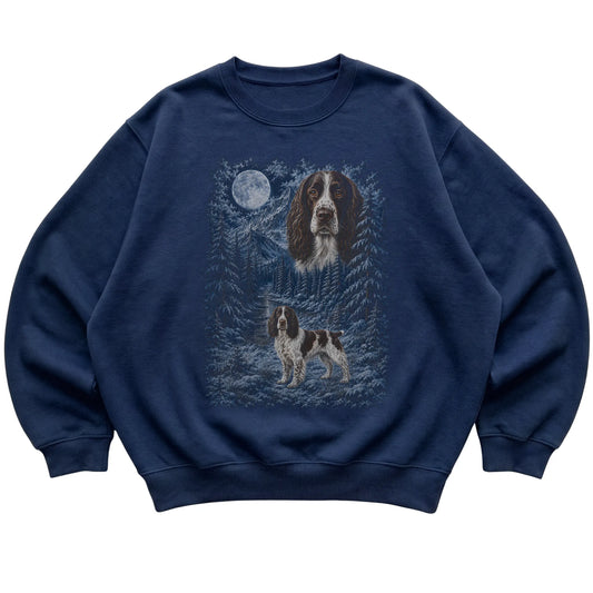 navy sweatshirt with Springer Spaniel Winter Moon artwork.