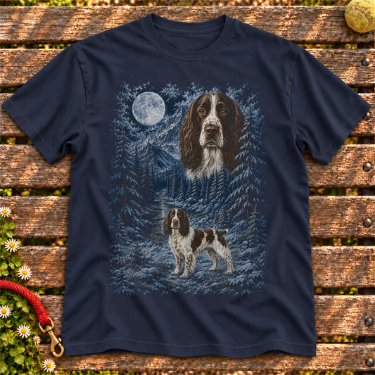 Springer Spaniel Winter Moon design on a Navy T-shirt shown flat