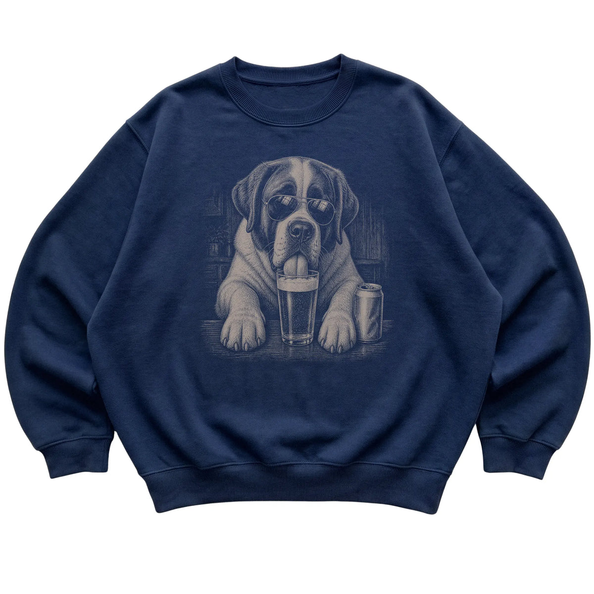 Navy St Bernard drinking from a pint at a bar, laid flat