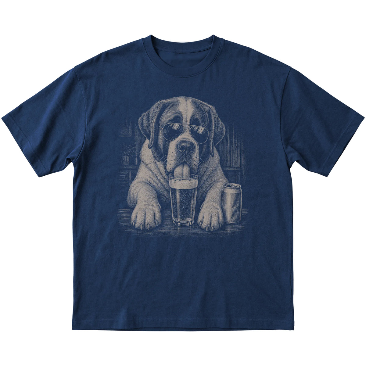 Navy St Bernard drinking from a pint at a bar, laid flat