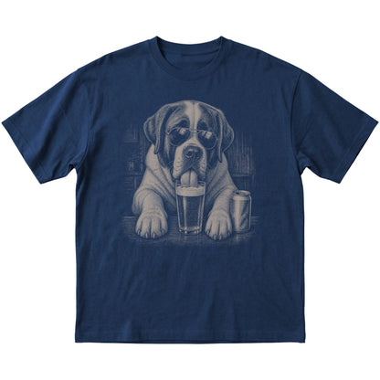 Navy St Bernard drinking from a pint at a bar, laid flat