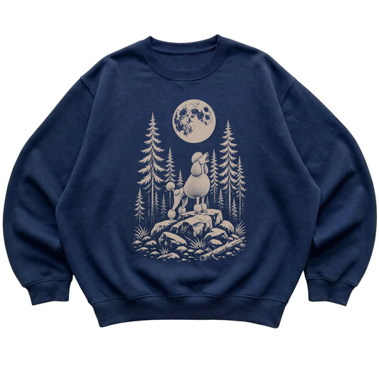 Close view of Standard Poodle Howling at the Moon artwork on Navy crewneck sweatshirt