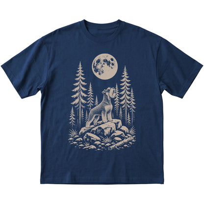 Close view of Standard Schnauzer Howling at the Moon artwork on Navy softstyle T-shirt