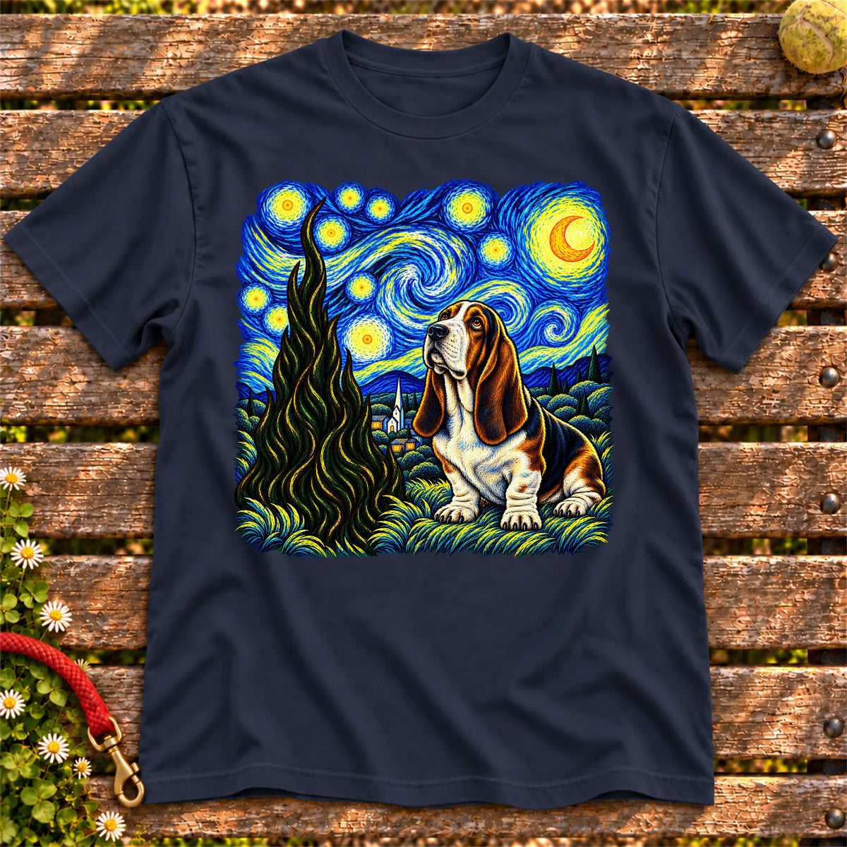 Colorful Basset Hound beneath a swirling starry night sky on a Navy T-shirt