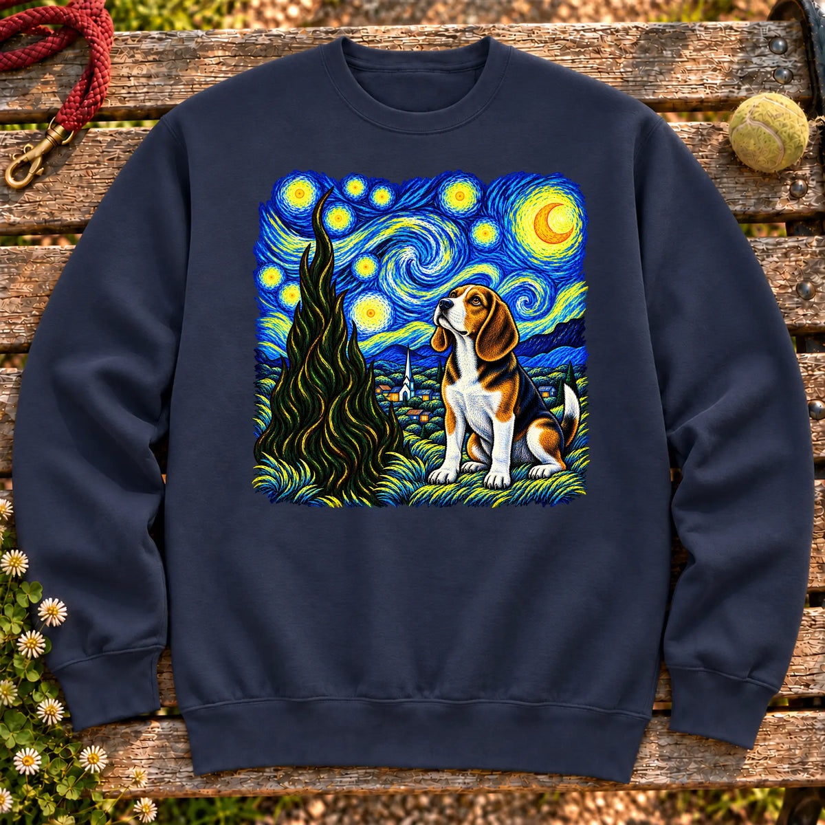 Colorful Beagle beneath a swirling starry night sky on a Navy sweatshirt
