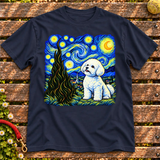 Colorful Bichon Frise beneath a swirling starry night sky on a Navy T-shirt