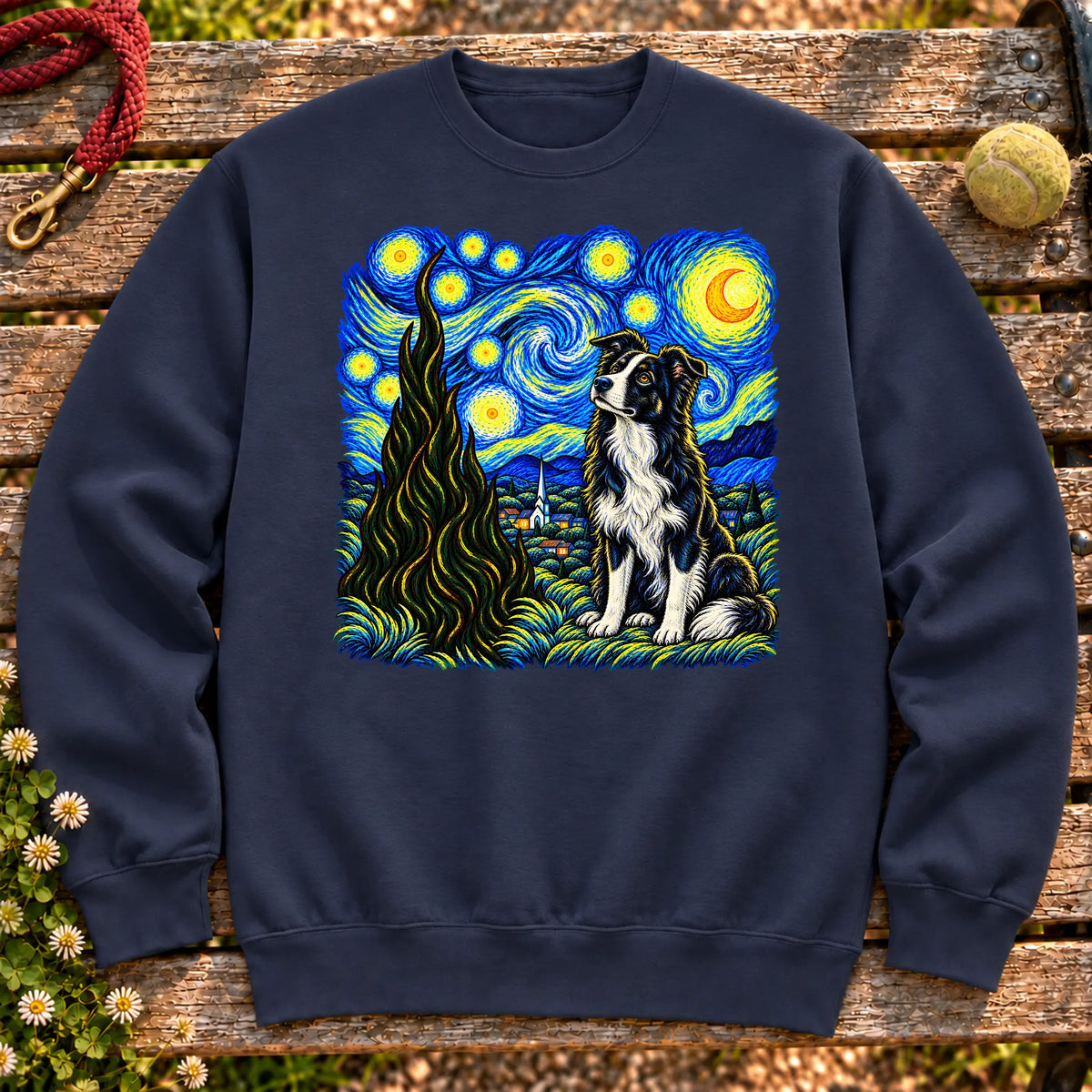 Colorful Border Collie beneath a swirling starry night sky on a Navy sweatshirt