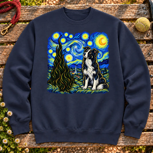 Colorful Border Collie beneath a swirling starry night sky on a Navy sweatshirt