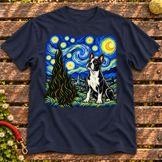 Colorful Boston Terrier beneath a swirling starry night sky on a Navy T-shirt