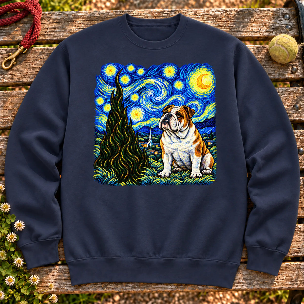 Colorful English Bulldog beneath a swirling starry night sky on a Navy sweatshirt