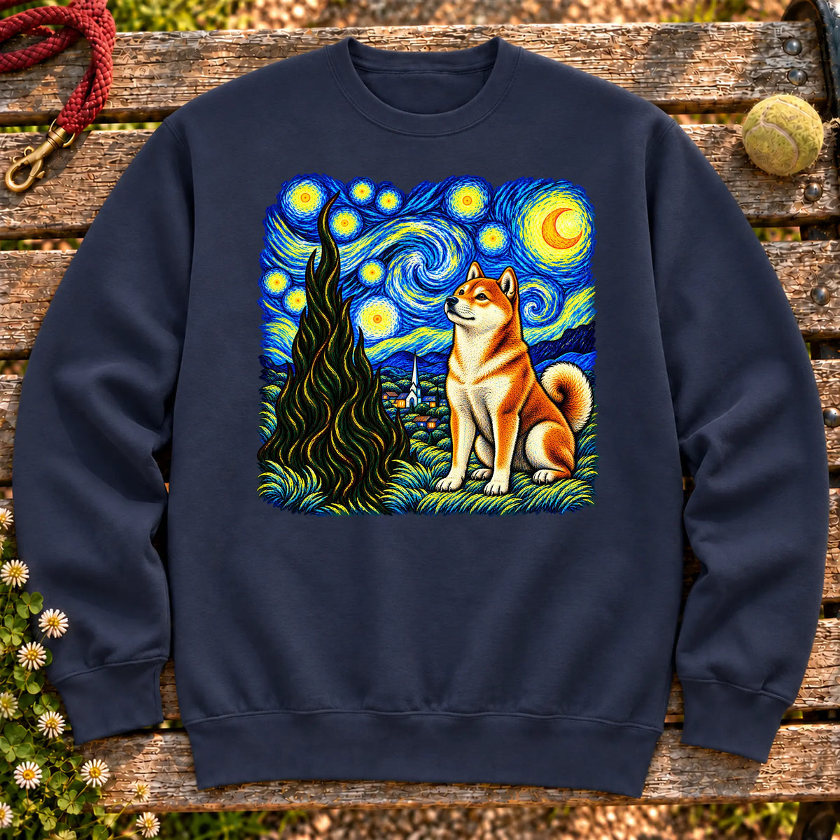 Colorful Shiba Inu beneath a swirling starry night sky on a Navy sweatshirt