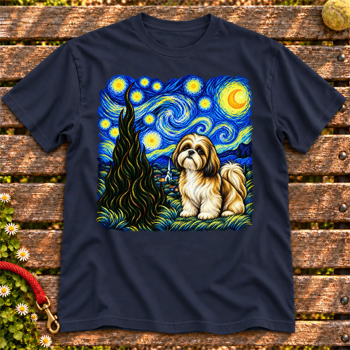 Colorful Shih Tzu beneath a swirling starry night sky on a Navy T-shirt