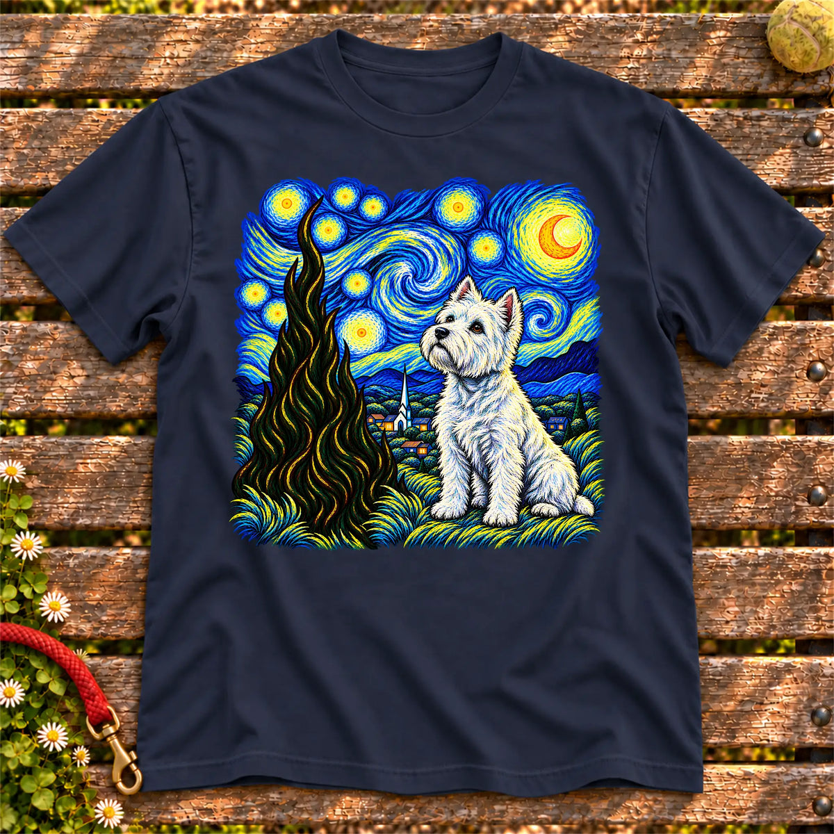Colorful Westie beneath a swirling starry night sky on a Navy T-shirt