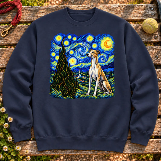 Colorful Whippet beneath a swirling starry night sky on a Navy sweatshirt