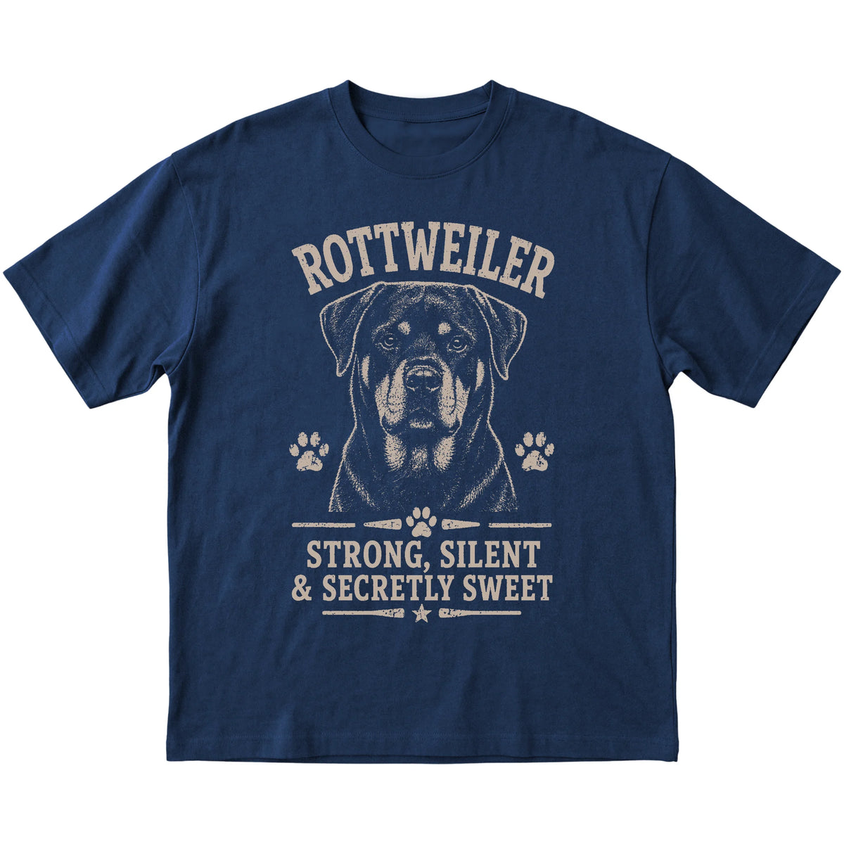 Navy T-shirt featuring Strong, Silent & Secretly Sweet - Rottweiler, laid-flat presentation