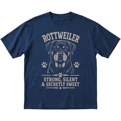 Navy T-shirt featuring Strong, Silent & Secretly Sweet - Rottweiler, laid-flat presentation