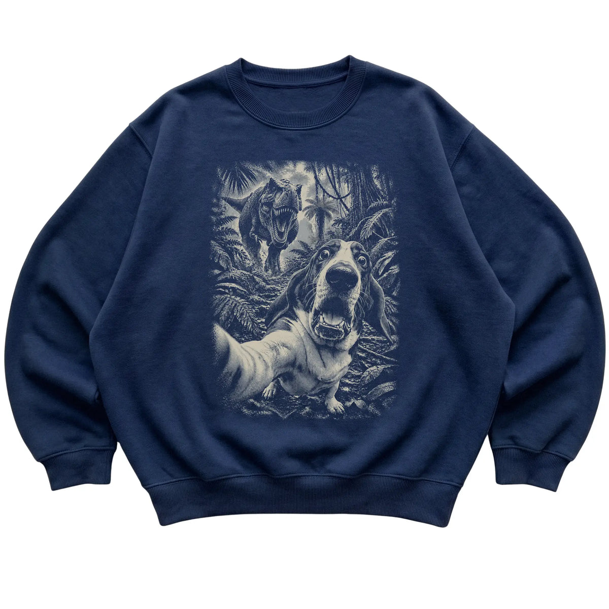 T-Rex Selfie Basset Hound Gildan Heavy Blend Crewneck Sweatshirt in Navy, flat lay